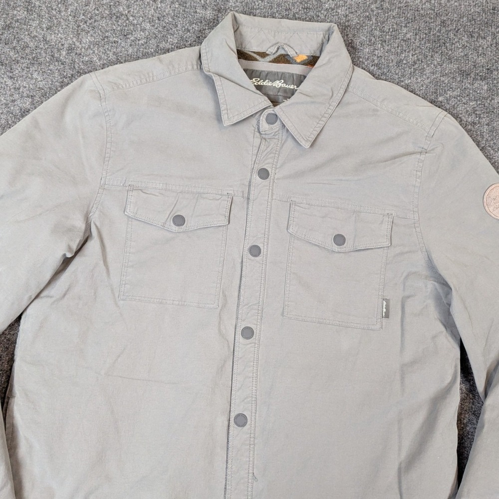 Eddie Bauer Mens L Gray Fleece Lined Snap Front Shirt Jacket Shacket Pockets